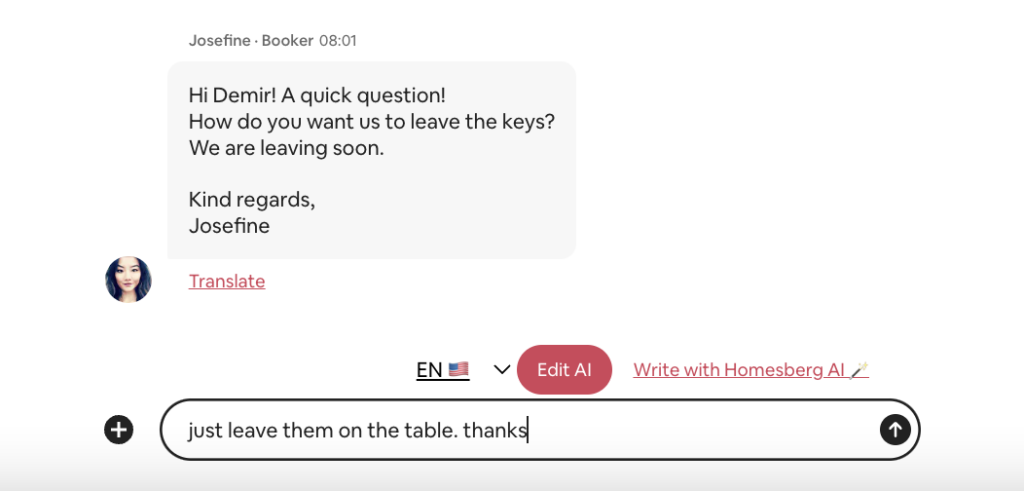 Edit button refining a draft Airbnb message