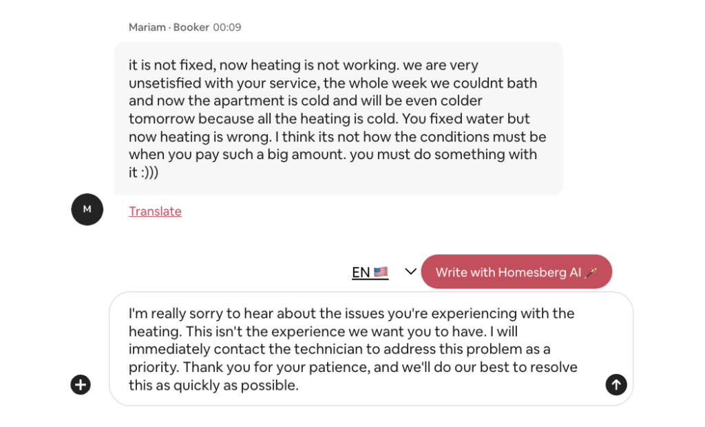 Homesberg AI reply suggestion button in the Airbnb inbox