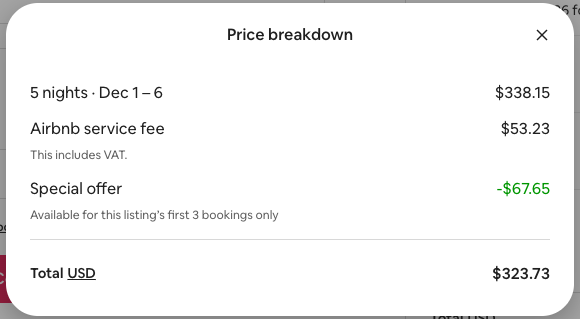 Screenshot of an Airbnb price breakdown showing a Special offer of -$67.65, available for the listing's first 3 bookings, highlighting the new listing boost discount.