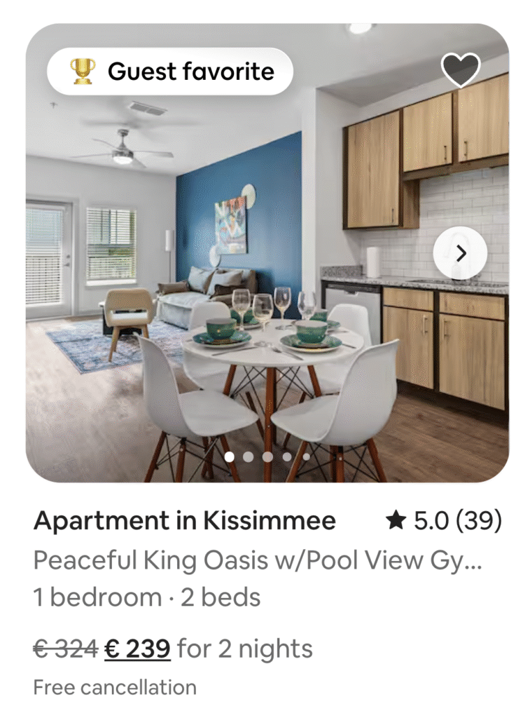 Airbnb search result showing a listing with strikethrough pricing: €324 crossed out and replaced by €239 for 2 nights, indicating a discount.