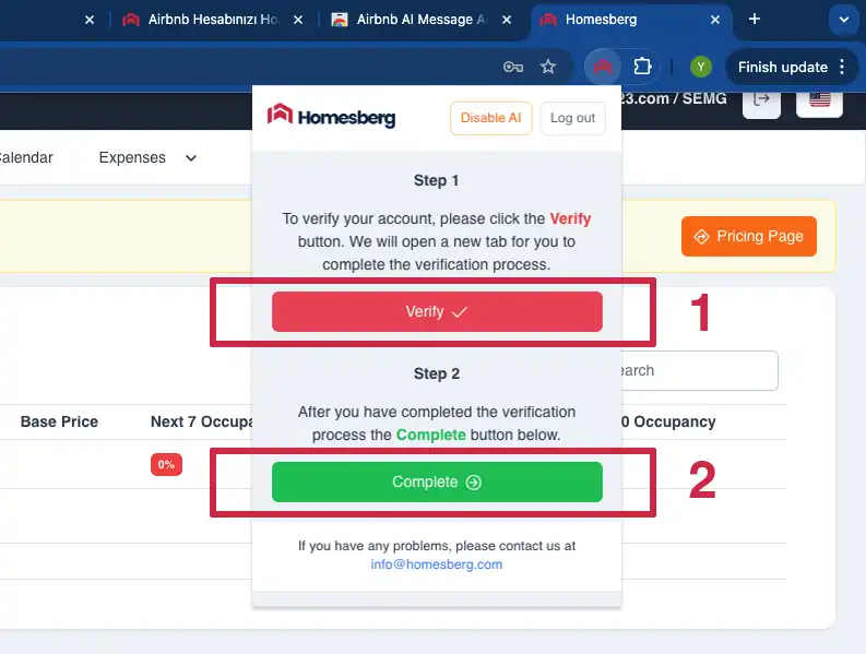 Homesberg extension confirming the Airbnb account verification