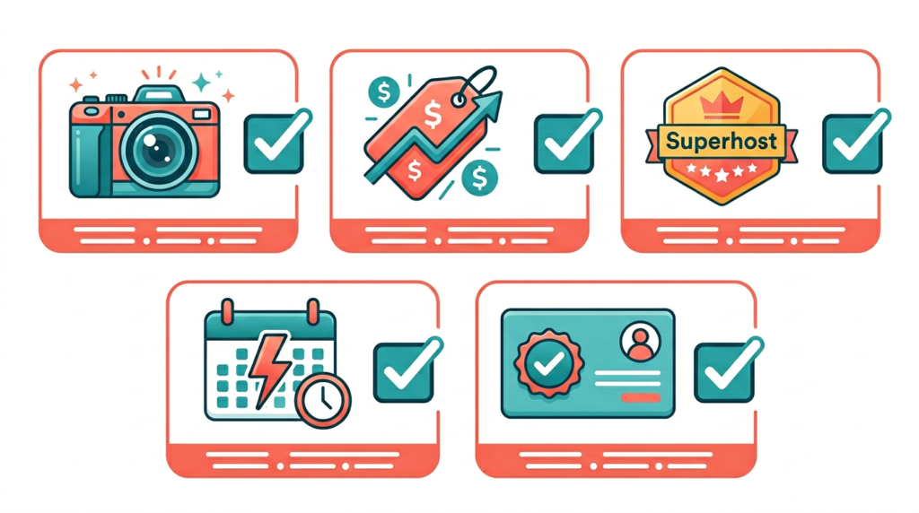 Checklist of Airbnb listing optimization: professional photos, dynamic pricing, Superhost badge, Instant Book, and complete profile