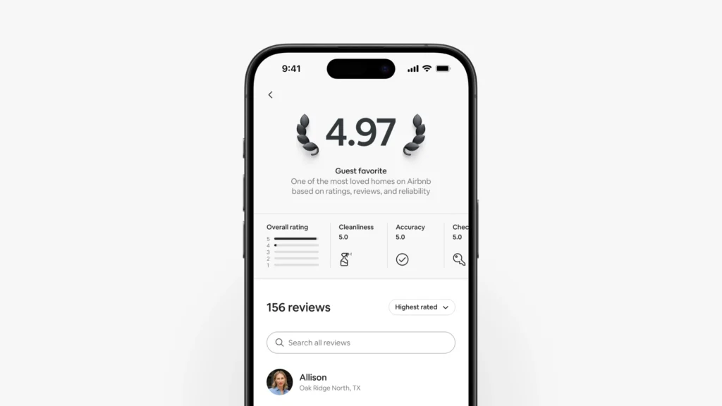 Airbnb Guest Favourite rating breakdown shown on a listing